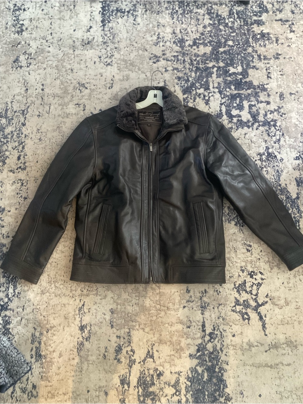 Men's Black Leather Bomber Jacket with Shearling Collar XL
